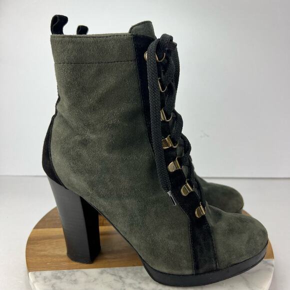 Colin Stuart Black Green Leather Suede Lace Up Steampunk Boots 8.5 Chunky Heel - Picture 3 of 10